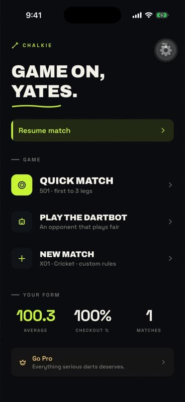 Chalkie home screen with quick match setup on a dark chalkboard design